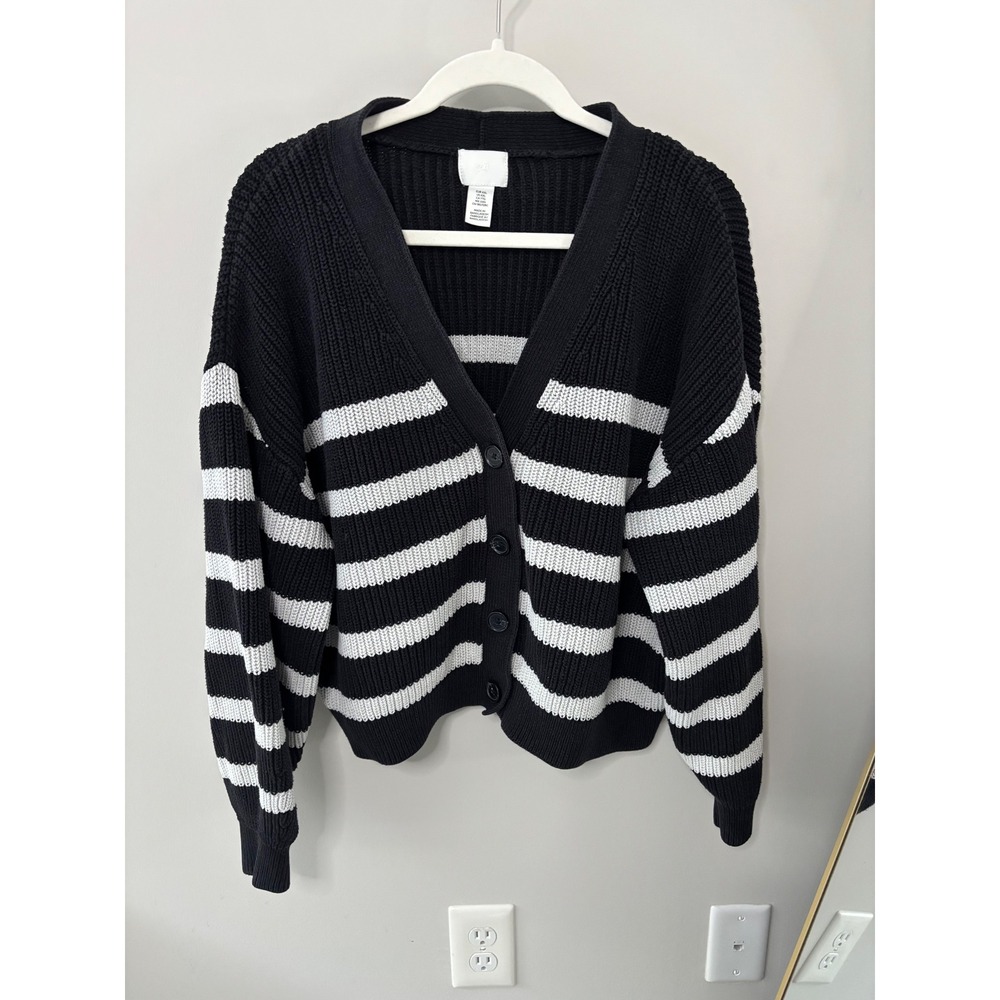 HM Divided Women Black White Striped Chunky Knit V-Neck Cardigan Sweater XXL